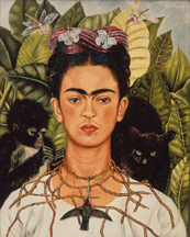 Frida Kahlo painted SelfPortrait with Thorn Necklace and Hummingbird for her lover photographer Nickolas Muray in 1940 The positioning of her spider monkey a prowling black cat and a thorn necklace that pierces her neck and from which is suspended a dead hummingbird a love charm round out an image of pending anguish