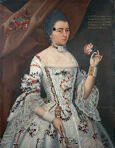 Colonial Mexican painter Andres de Islas painted Ana Maria de la Campa y Cos y Ceballos in an exquisite gown identifying her as a person of style and importance The leyenda along the right side of the portrait identifies the sitter and provides her titles The large mark on the right side of her face is a beauty mark much in fashion at the time