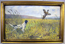 A 17 by 29 oil signed WJ SchaldachII circa 1930 titled on back stretcher Setter and Pheasant