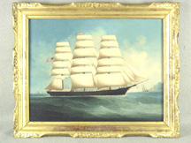 This Nineteenth Century China Trade ship portrait an oil on canvas of the threemasted clipper ship Western Shore of the Oregon Line quickly achieved the selling price of 11100 The painting retained its original gilt carved frame and had been relined It measured 24 by 34 inches