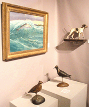 Rare carvings by Elmer Crowell lower left and a Nantucket shorebird from the Folger rig were among the offerings of sporting art by Stephen OBrien Jr Boston