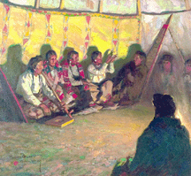 Bidders dueled for Maynard Dixons Story Tellers driving its price to 1680000 Painted in 1917 and commissioned by the Great Northern Railway the 36by39inch oil on canvas depicts Blackfeet Indians in a teepee during a beaver medicine ceremony