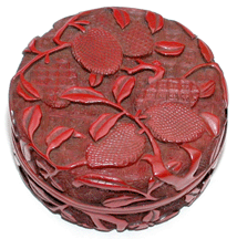 Lychee box carved red lacquer late Ming dynasty SixteenthSeventeenth Century 312 inches in diameter 112 inches high