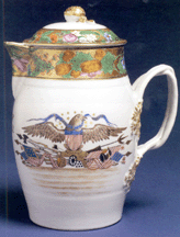An American market Chinese Export porcelain covered cider jug was decorated boldly with American eagles stars a banner cannons and military symbols It sold on the phone for 127000 but only after Bourgeault reminded the underbidder in the room The hearse is not followed by the Brinks truck