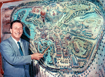 Walt Disney shows Peter Ellenshaws 1958 rendering of Disneyland