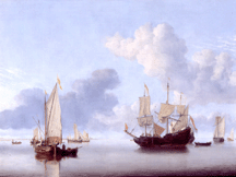 Willem van de Velde the Younger 16331707 A Dutch Ship at Anchor Drying Sails and a Kaag under Sail circa 1660 oil on canvas 687 by 92 centimeters Mr and MrsFrederick Vogel III