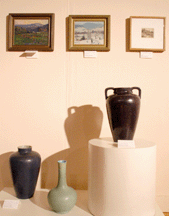 Byrdcliffe pottery brought strong prices From left a matte blue glazed vase realized 2990 a bulbous vase with cylindrical neck in blue sold at 3680 and a 14inchtall doublehandled vase in an aubergine glaze realized 4485
