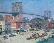 Everett L Warner captured streets teeming with activity around the Fulton Fish Market with the Brooklyn Bridge in the background in Along the River Front New York 1912 Courtesy of Toledo Museum of Art