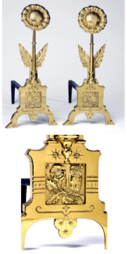 William C Peet designed a gleaming pair of andirons for the JL Mott iron works in the favored form of the day sprightly sunflowers Bottom photo is a detail of the sunflowers