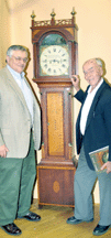 Ive had 2324 auctions boasted 87yearold Hillsboro NH auctioneer Richard Withington right who came to watch Ron Bourgeault left sell this New Hampshire tall case clock by James Charles Cole of Rochester The late George Baker DArcy acquired the timepiece years ago at Withingtons Bourgeault said the clock which resold to Maryland dealer Milly McGehee for 127000 came out of the Wyman Tavern in Keene NH Massachusetts clock dealer John Delaney was the underbidder on the piece illustrated and discussed in Brock Jobes Portsmouth Furniture