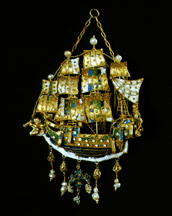Pendant from Patmos island first half of the Seventeenth Century gold pendant in the form of a caravel with enamels and pearls 14 centimeters high The Benaki Museum