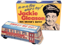 Jackie Gleason Away We Go Honeymooners Special bus This tin toy from 1955 also came with a bus drivers uniform to coincide with the popular television series The Honeymooners