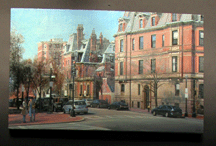 Joel Babb top painting is Corner of Dartmouth Street and Commonwealth Ave 15 by 24 inches and the lower painting is Back Bay Aerial View Boston 29 by 24 inches both oil on canvas Vose Contemporary Realism Boston