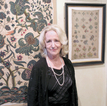 Essex UK dealer Maureen Morris with a circa 1640 spot sampler 22000 right Left from Sampson is a panel from a set of crewelwork hangings elaborately worked in colored wools on a linen ground and depicting the Indian Tree of Life motif The late Seventeenth Century English embroidery was 22500