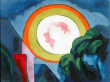 Midsummer Moon 1927 features concentric bands of color radiating from a central core onto various contrasting deeply hued forms Private collection courtesy Guggenheim Asher Associates Inc
