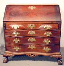 A Chippendale carved mahogany slant lid oxbow serpentine desk attributed to Salem maker William King sold for 28200
