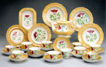 Yellow thistle spatter drew substantial interest with this set of 18 pieces selling in three lots for a cumulative price of 47800 The first lot from the set consisted of an open vegetable dish and a teapot with it selling at 9560 Five 912inch plates three soup plates a luncheon plate and a desert plate brought 20315 and the final lot from the group a set of 11 teabowls and saucers sold at 17925