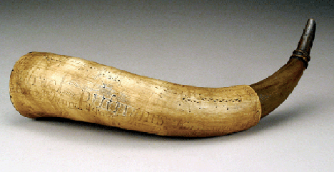 This horn was carved at Fort William Henry New York November 10 1756 It is inscribed When bows and weighty Spears were usd in Fight Twere nervous Limbs Declrd a man of might But now Gun powder Scorns Such Strength to own and heros not by Limbs but Souls are shown W A R Capt Israel putnams Horn made at Fort Wm Henry Nov the 10th AD 1756 A plan of the Stations From albony to Lake George The River The Road Dimensions Overall length 19 inches width of plug 3 inches Attributions John Bush worked 17551756