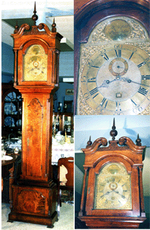 The Duffield tall case clock at Somers Point is made of richly grained and deeply colored walnut Features demonstrating the fully developed style of Delaware Valley case construction include an imposing hood structure with a heavy broken arch pediment and carved terminals shown bottom right fluted hood colonnettes fluted quarter columns that run the full length of the waist and the full length of the base a shaped waist door and shaped tablet in the base The brass dial shown top right retains an old patina with Roman hour numerals and Arabic fiveminute markers The hands are of beautifully cut steel and the break arch of the dial is roughened and worked