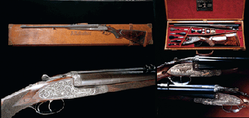 Shown left is a historic Holland amp Holland royal grade doublebarrel Nitro Express rifle used by biggame hunter adventurer and author AS Mather in circumnavigating the globe 19071908 realized 56750 Shown right is a cased deluxe relief engraved and gold inlaid Marcel Thys and Sons sidelock 600 Nitro Express doublebarrel sporting rifle embellishments by Philippe Grifnee and Rene Delcour 53913
