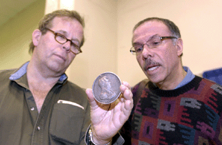 Rex Stark Gardner Mass shows Douglas Gomez of New York City an Andrew Jackson peace medal 19500