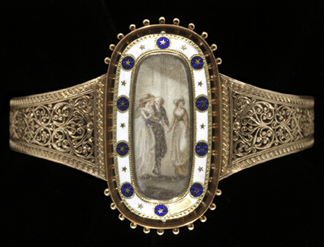 One of a pair of watercolor on ivory miniatures originally worn on velvet ribbons an unidentified artist reset it in the 1850s in an elaborate French filigreed bracelet in keeping with Rococo Revival tastes Yale University Art Gallery gift of Caroline Hillman Backlund and Hermione Hillman Wickenden in memory of their mother Dorothy Woodruff Hillman