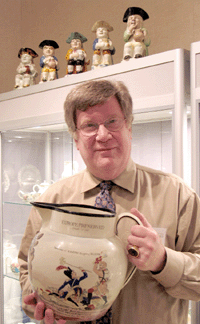 Alan Kaplan of Leo Kaplan Ltd New York City with a monumental Liverpool creamware Napoleonic jug with inscriptions in Russian and English