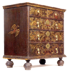 Only 22 34 inches high this William and Mary paint decorated pine chest of drawers initialed RC by its maker Robert Crosman inscribed Taun Ton for Taunton Mass and dated 1729 is considered the Rosetta stone for 22 other known painted chests by the same hand Decorated in red green and white with baby chicks vines and flowers and standing on ball feet the chest sold in the room to dealer George W Samaha for 2928000 500800000 Mrs Blair acquired the piece in 1926 from Herbert R Lawton of Boston After seeing it exhibited in Boston in 1925 Esther Stevens Fraser published it in her 1933 article in The Magazine Antiques The Tantalizing Chests of Taunton Another Crosman chest dated 1735 is at The Metropolitan Museum of Art the 1945 gift of Mrs J Insley Blair