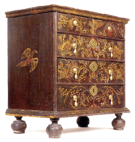 The William and Mary paint decorated pine chest of drawers initialed RC by its maker Robert Crosman inscribed Taun Ton for Taunton Mass and dated 1729 sold in the room to dealer George W Samaha for 2928000