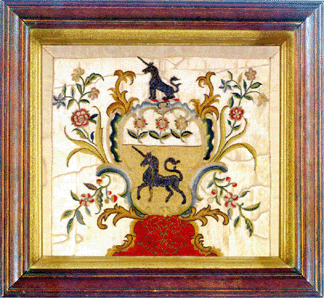 A small collection of mostly English needlework rounded out the Nusrala collection This 11 by12 inch Philadelphia silk on silk moire coatofarms was worked in 1765 by Elizabeth Flower and was reacquired by Connecticut dealers Stephen and Carol Huber for 144000