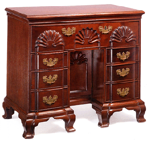 The Stephen Hopkins Chippendale block and shell carved figured mahogany kneehole bureau attributed to John Goddard Newport RI circa 1765 sold for 598400 to Leigh Keno American Antiques of New York City