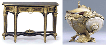 One of a matched pair of Louis XIV ormolumounted and boulle brassinlaid brown tortoiseshell pier tables shown left circa 1710 attributed to AndrCharles Boulle which realized 1961334 Achieving ten times its presale estimate this Louis XV ormolumounted nautilus shell circa 174045 8 14 inches high made 1961334