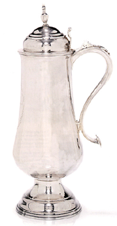 The large silver flagon by Ebenezer Chittenden New Haven Conn was one of several pieces consigned by the First Congregational Church Derby Conn It fell within estimates at 84000