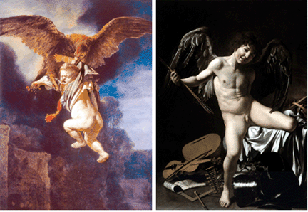 Rembrandt van Rijn Rape of Ganymede 1635 oil on canvas shown left 171 by 130 centimeters Gemldegalerie Dresden Michelangelo Merisi da Caravaggio Amor Vincit Omnia circa 160102 oil on canvas shown right 75 14 by 58 14 inches Gemaeldegalerie Berlin