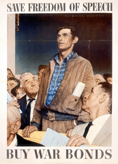 Norman Rockwells iconic Freedom of Speech 1943 growing out of observations at town meetings in Arlington Vt appeared on the cover of The Saturday Evening Post and then became a highly effective poster in the campaign to sell war bonds in World War II Printed by US Government Printing Office Washington DC Hoover Institution Archives