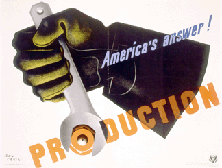 Jean Carlus Americas Answer Production 1941 was used by the government to promote American industrial growth to meet the demands of the wartime economy The gloved hand tightening a bolt symbolized wartime expansion and Americas postwar emergence as the worlds leading economic power Printed by US Government Printing Office Washington DC Hoover Institution Archives