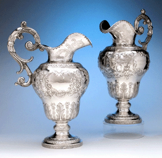 Pair of massive American coin silver ewers by Gerardus Boyce New York City circa 1842 SpencerMarks East Walpole Mass Palm Beach Jewelry and Antiques Show