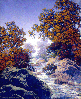 Rocky Stream Landscape by Maxfield Parrish oil on canvas 8 by 10 inches Tom Veilleux Gallery Farmington Maine Palm Beach Jewelry and Antiques Show