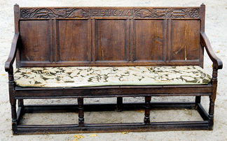 This Jacobeanstyle hall bench belonged to Henry Forbes Bigelow 18671929 longtime trustee of the Museum of Fine Arts Boston and was formerly in his Lancaster Mass summer home Fairlawn The 71inch bench sold for 1955