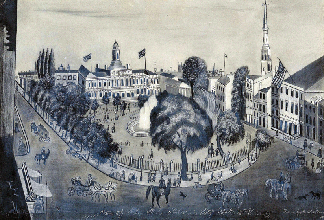 Abigail Gardner View of the Park Fountain amp City Hall NY possibly Rochester Monroe County NY 1853 charcoal on marble dust paper 17 12 by 25 12 inches unframed