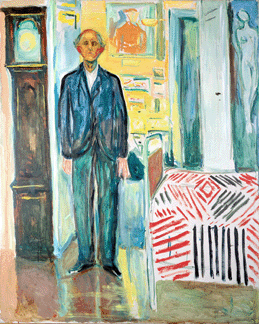 In the last of many selfportrayals Munch painted himself in SelfPortrait Between the Clock and the Bed 194042 as a slim but resolute figure standing between his brightly hued studio and his colorful bedroom and between the clock and bed symbols of death Munch Museum Oslo