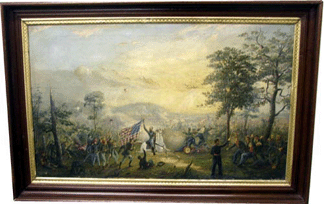 A Nineteenth Century oil on canvas view of a Shoreham Vt Civil War regiment engaged in an unidentified battle sold for 9350