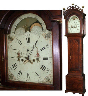 The New England Federal birch tall case clock shown with detail that had a carved drop fan a reticulated crest and Osborne works went to the trade for 8525