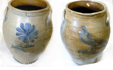 Despite a crack and some chipping this ovoid crock circa 1820s with a large incised pigeon on one side and a flower on the other brought 8500