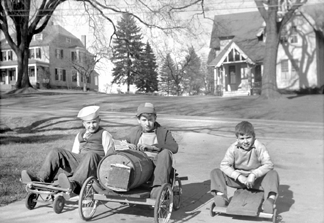 Scudder always had a great eye for detail says The Newtown Bees managing editor Curtiss Clark In this photograph from the early 1940s Scudders gocart is vintage Americana Flanking Scudder are Danny Desmond left and his younger brother Teddy Smith
