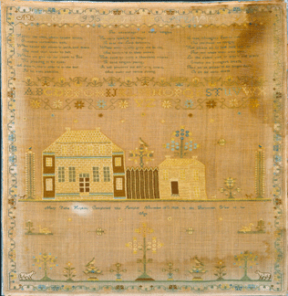 Mary Bella Hopkins was 12 years old when she completed her sampler on November 28 1828 She used cross and square eyelet stitches to create a compound of houses suggestive of gentility The sheep at the bottom are frequently seen in Charleston samplers of the period