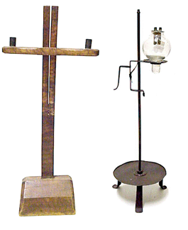 A primitive adjustable tiger maple floor stand candleholder shown left hammered down at 4840 and a wrought iron and tin adjustable peg lamp holder at right realized 2200
