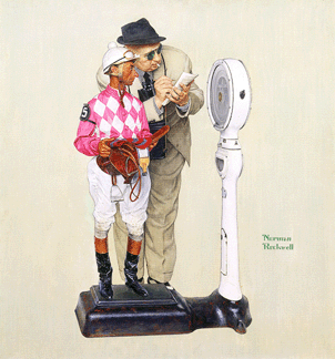 Norman Rockwells Weighing In oil on canvas is a 1958 Saturday Evening Post cover painting that depicts famed jockey Eddie Arcaro on a scale that is being inspected by a portly track steward