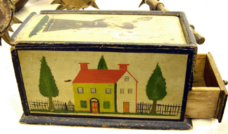 The candle box from the Spruance family of Delaware beautifully painted with houses and picket fences trees and a portrait of a woman with a red hair ribbon sold for 103980 It was accompanied by a metal candle mold