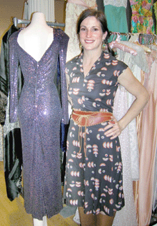 Jen McCullough Lives Very Vintage poses beside a Hattie Carnegie design featuring hand sewn sequins on silk jersey